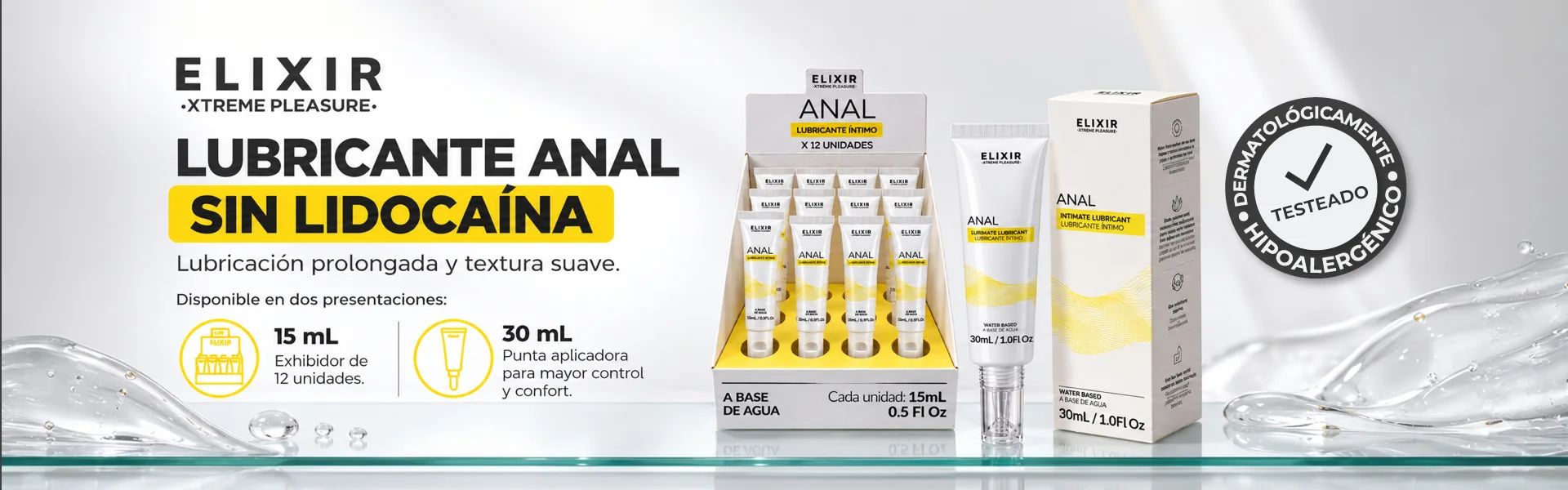 Lubricante Anal Elixir sin lidocaína disponible en 15 ml y 30 ml